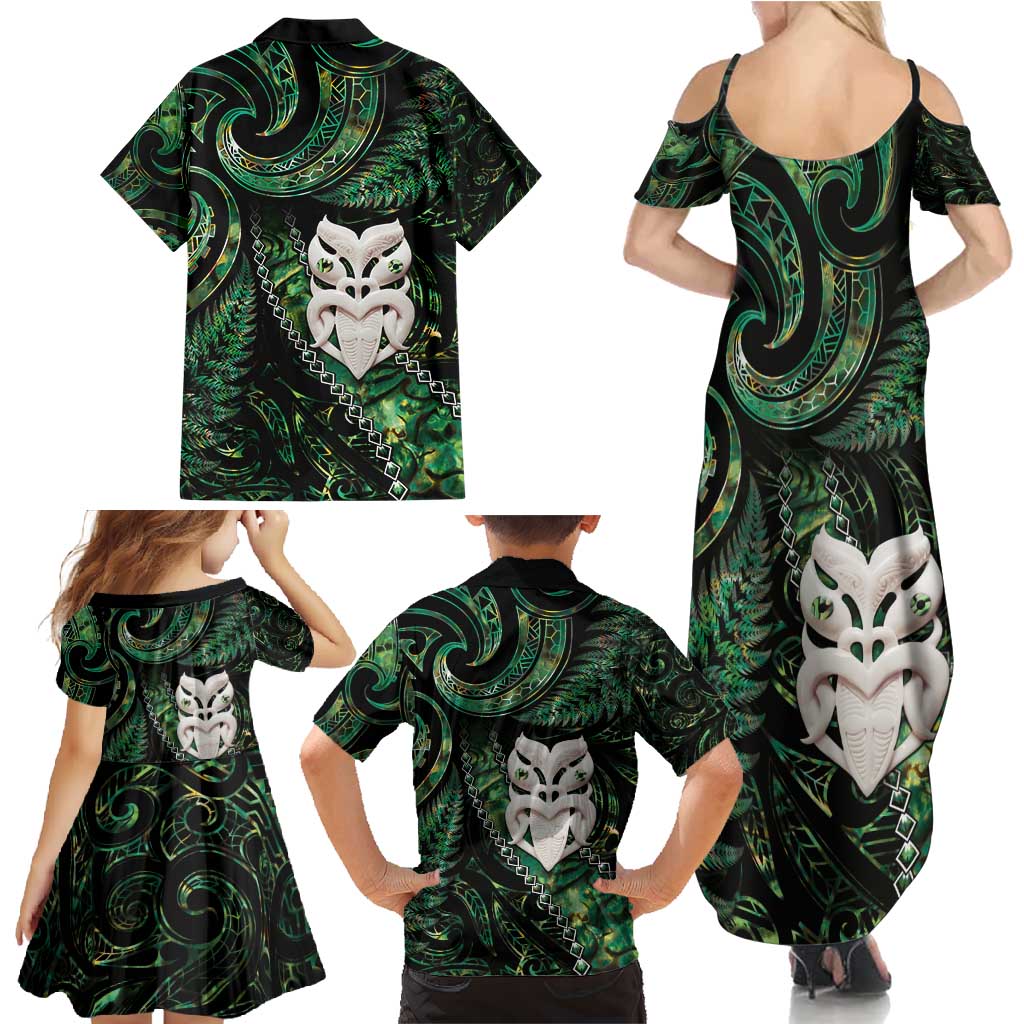 New Zealand Aotearoa Family Matching Summer Maxi Dress and Hawaiian Shirt Maori Wheku Paua Shell Glitter Green LT05 - Polynesian Pride