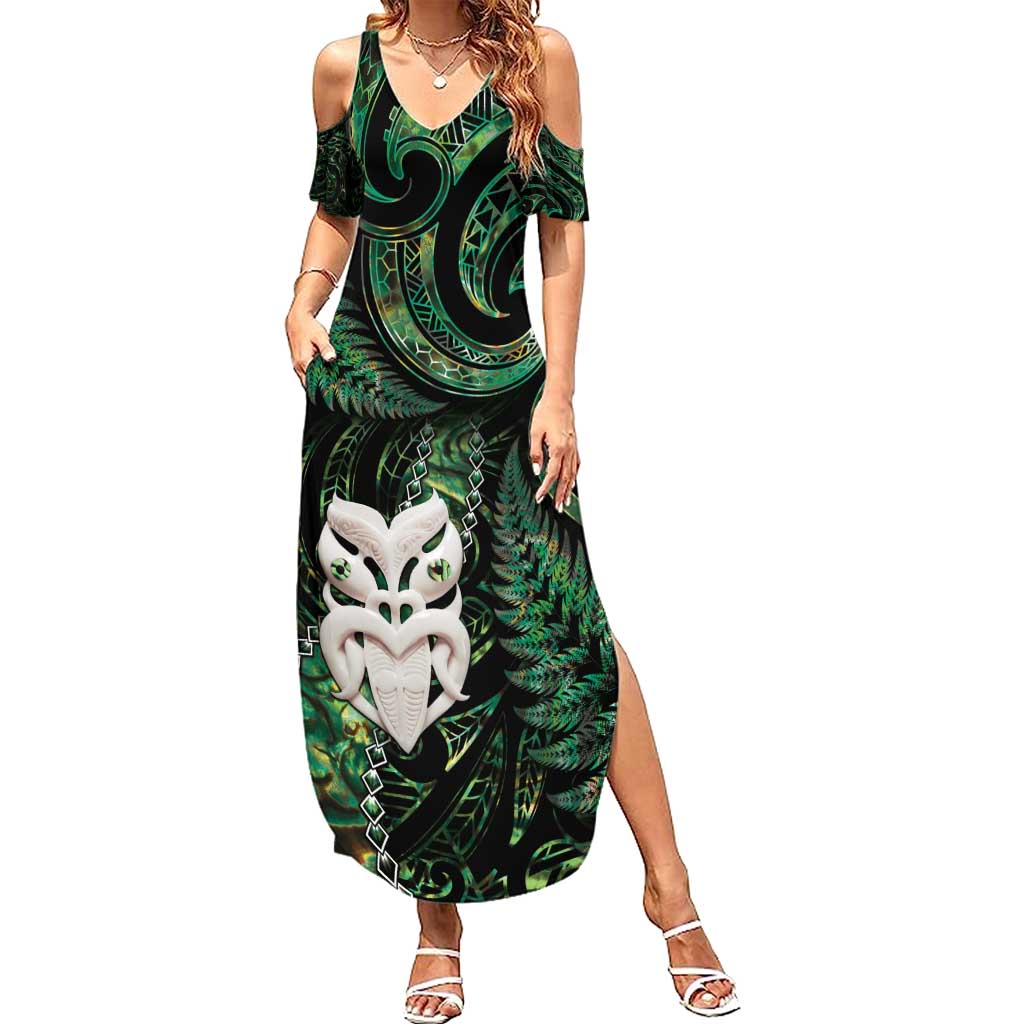 New Zealand Aotearoa Family Matching Summer Maxi Dress and Hawaiian Shirt Maori Wheku Paua Shell Glitter Green LT05 Mom's Dress Green - Polynesian Pride