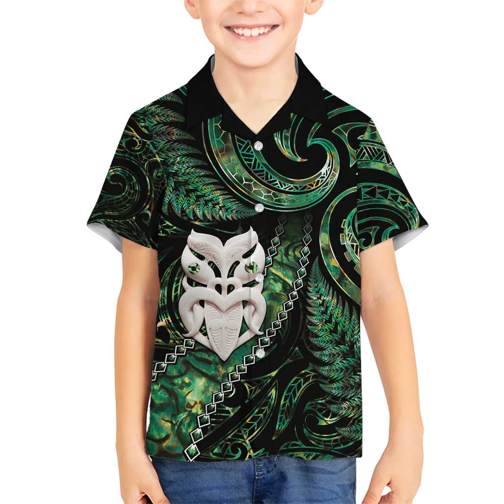 New Zealand Aotearoa Family Matching Summer Maxi Dress and Hawaiian Shirt Maori Wheku Paua Shell Glitter Green LT05 Son's Shirt Green - Polynesian Pride