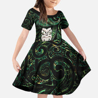 New Zealand Aotearoa Family Matching Tank Maxi Dress and Hawaiian Shirt Maori Wheku Paua Shell Glitter Green LT05 Daughter's Dress Green - Polynesian Pride
