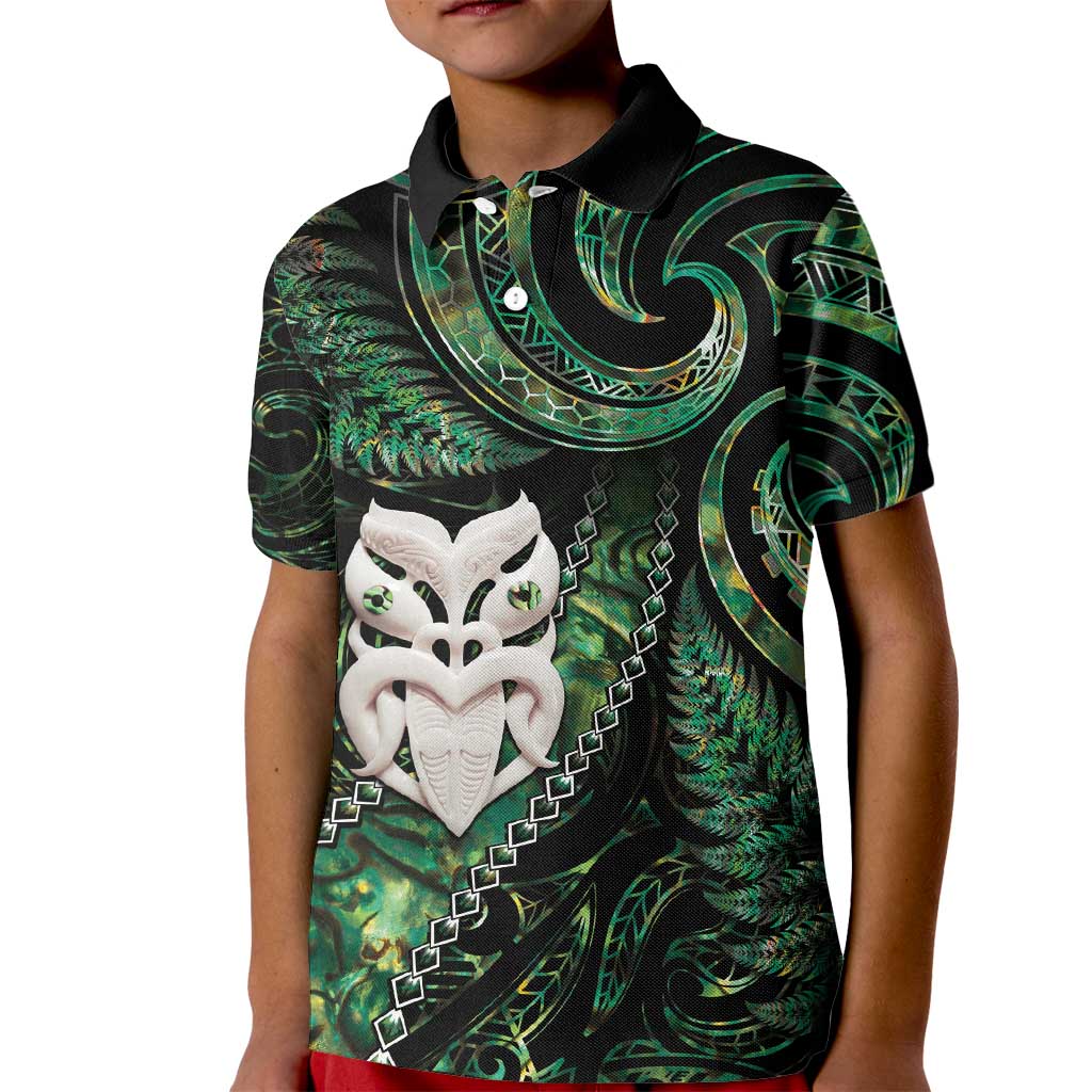 New Zealand Aotearoa Kid Polo Shirt Maori Wheku Paua Shell Glitter Green LT05 Kid Green - Polynesian Pride