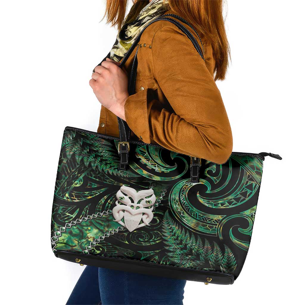 New Zealand Aotearoa Leather Tote Bag Maori Wheku Paua Shell Glitter Green LT05 Green - Polynesian Pride