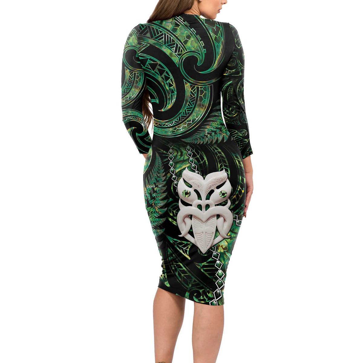 New Zealand Aotearoa Long Sleeve Bodycon Dress Maori Wheku Paua Shell Glitter Green
