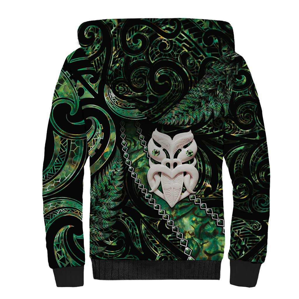 New Zealand Aotearoa Sherpa Hoodie Maori Wheku Paua Shell Glitter Green