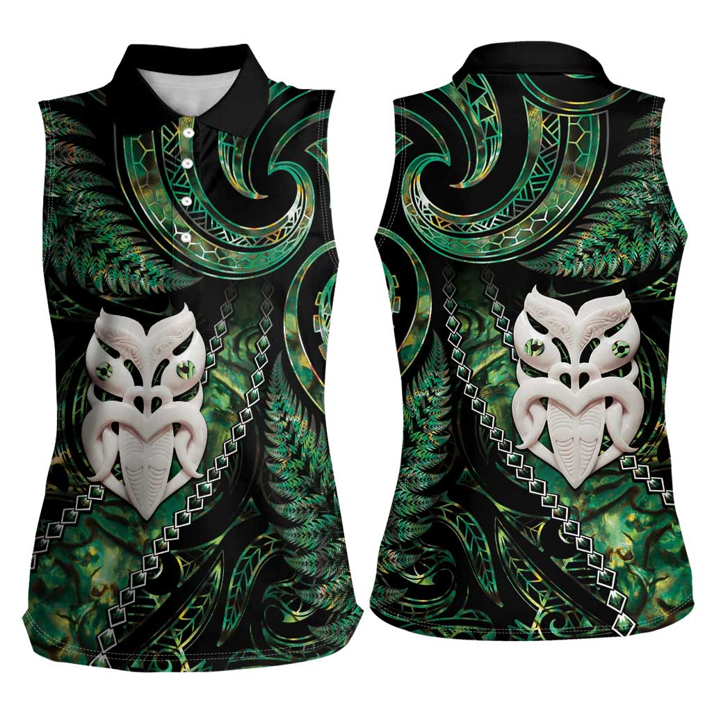 New Zealand Aotearoa Women Sleeveless Polo Shirt Maori Wheku Paua Shell Glitter Green