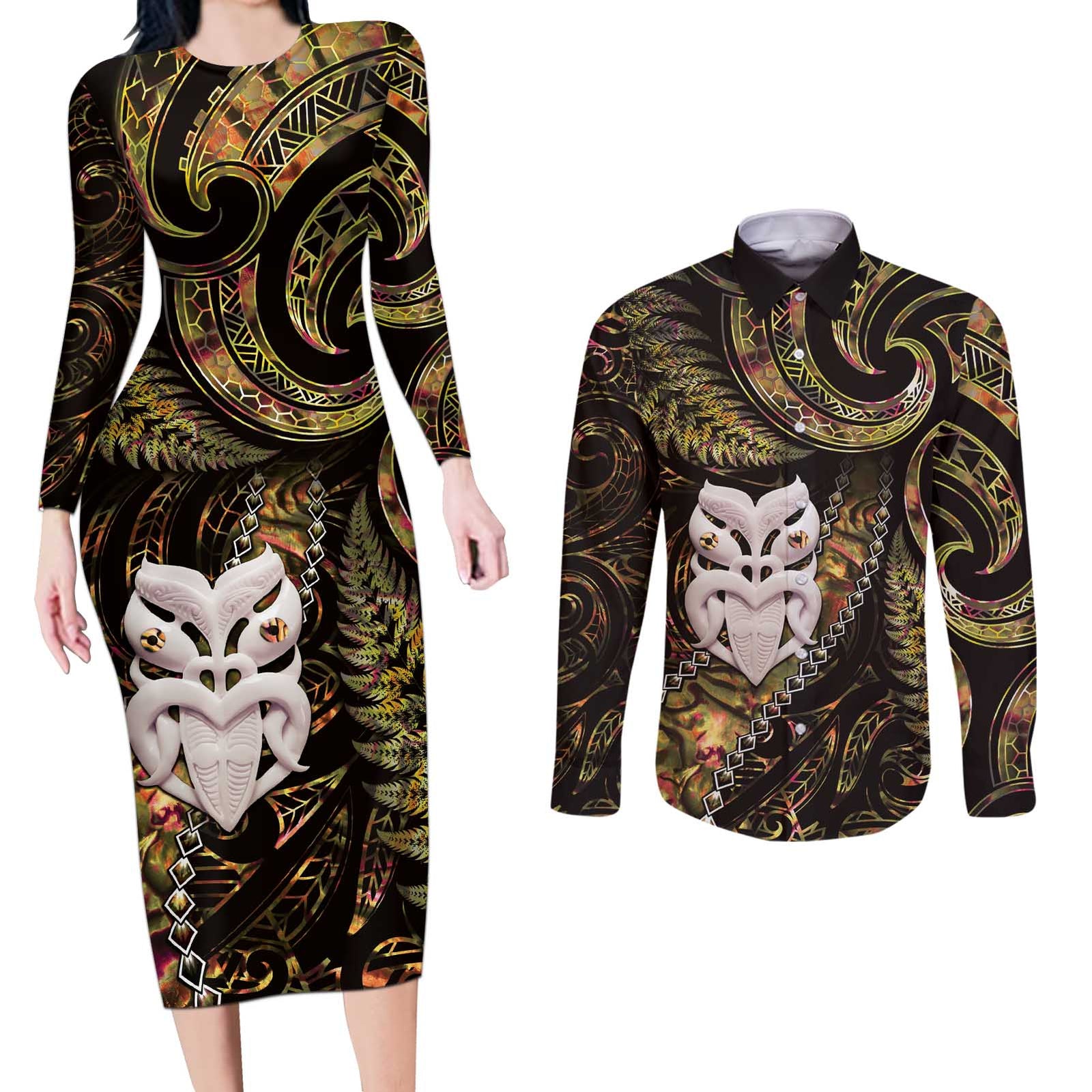 New Zealand Aotearoa Couples Matching Long Sleeve Bodycon Dress and Long Sleeve Button Shirt Maori Wheku Paua Shell Glitter Gold LT05 Gold - Polynesian Pride