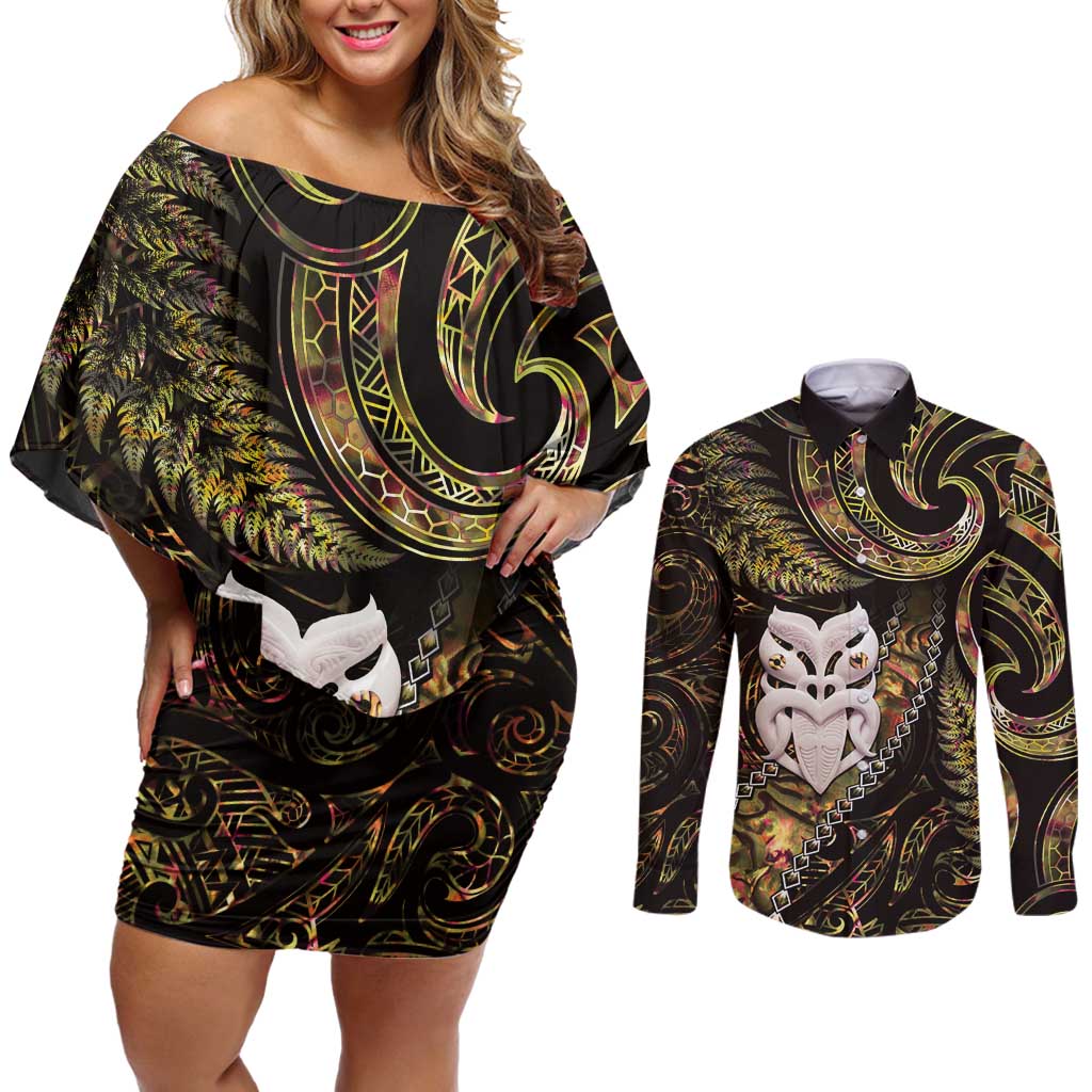New Zealand Aotearoa Couples Matching Off Shoulder Short Dress and Long Sleeve Button Shirt Maori Wheku Paua Shell Glitter Gold LT05 Gold - Polynesian Pride