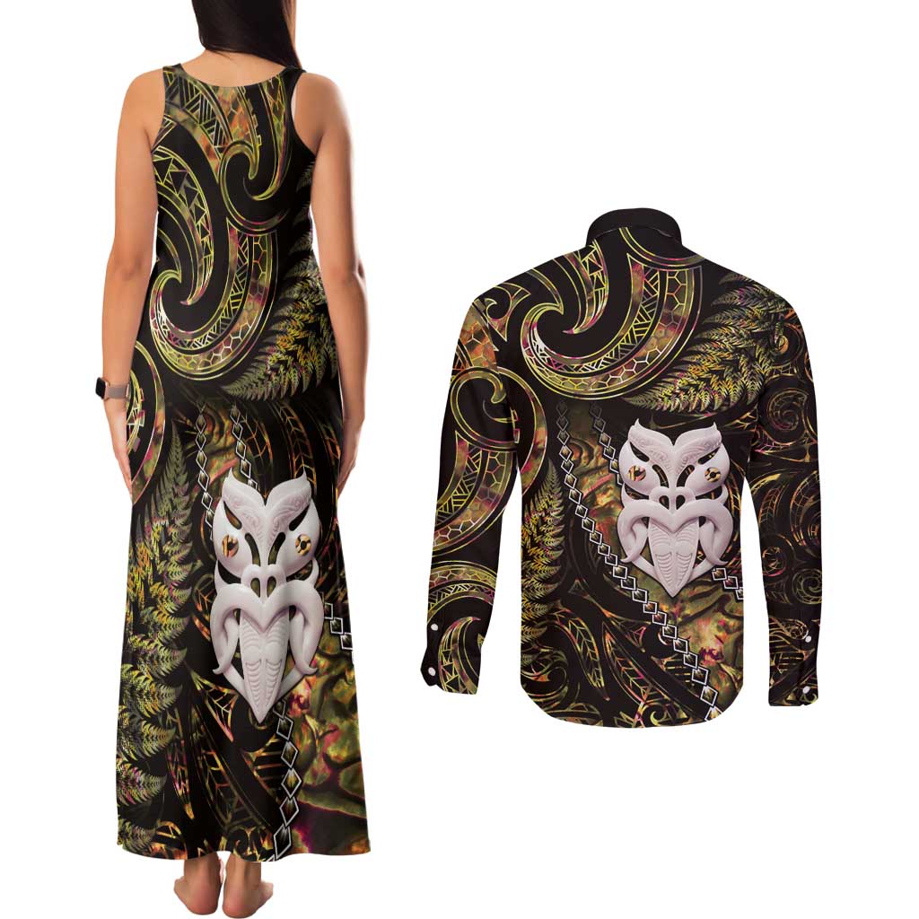 New Zealand Aotearoa Couples Matching Tank Maxi Dress and Long Sleeve Button Shirt Maori Wheku Paua Shell Glitter Gold
