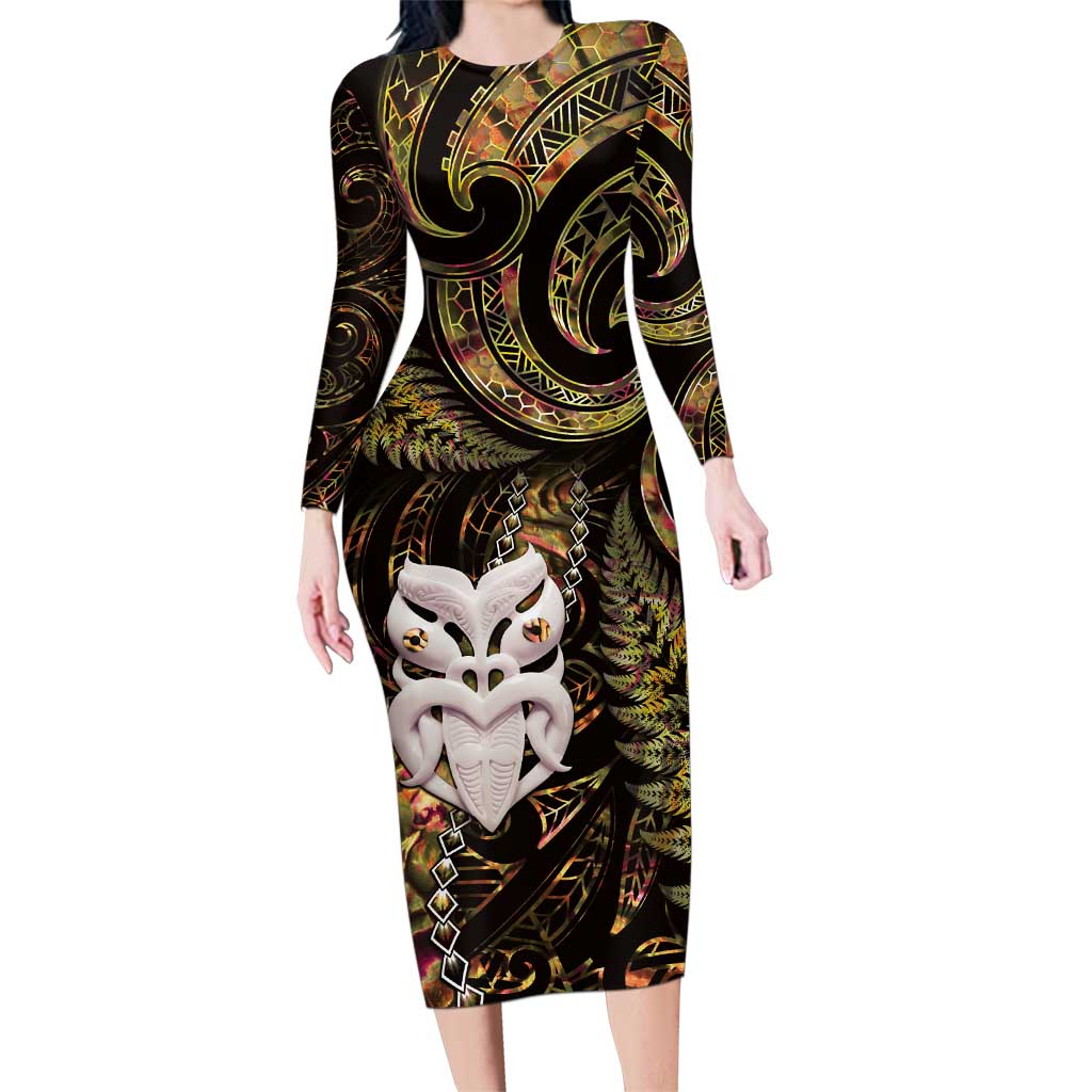 New Zealand Aotearoa Family Matching Long Sleeve Bodycon Dress and Hawaiian Shirt Maori Wheku Paua Shell Glitter Gold