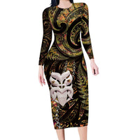 New Zealand Aotearoa Family Matching Long Sleeve Bodycon Dress and Hawaiian Shirt Maori Wheku Paua Shell Glitter Gold