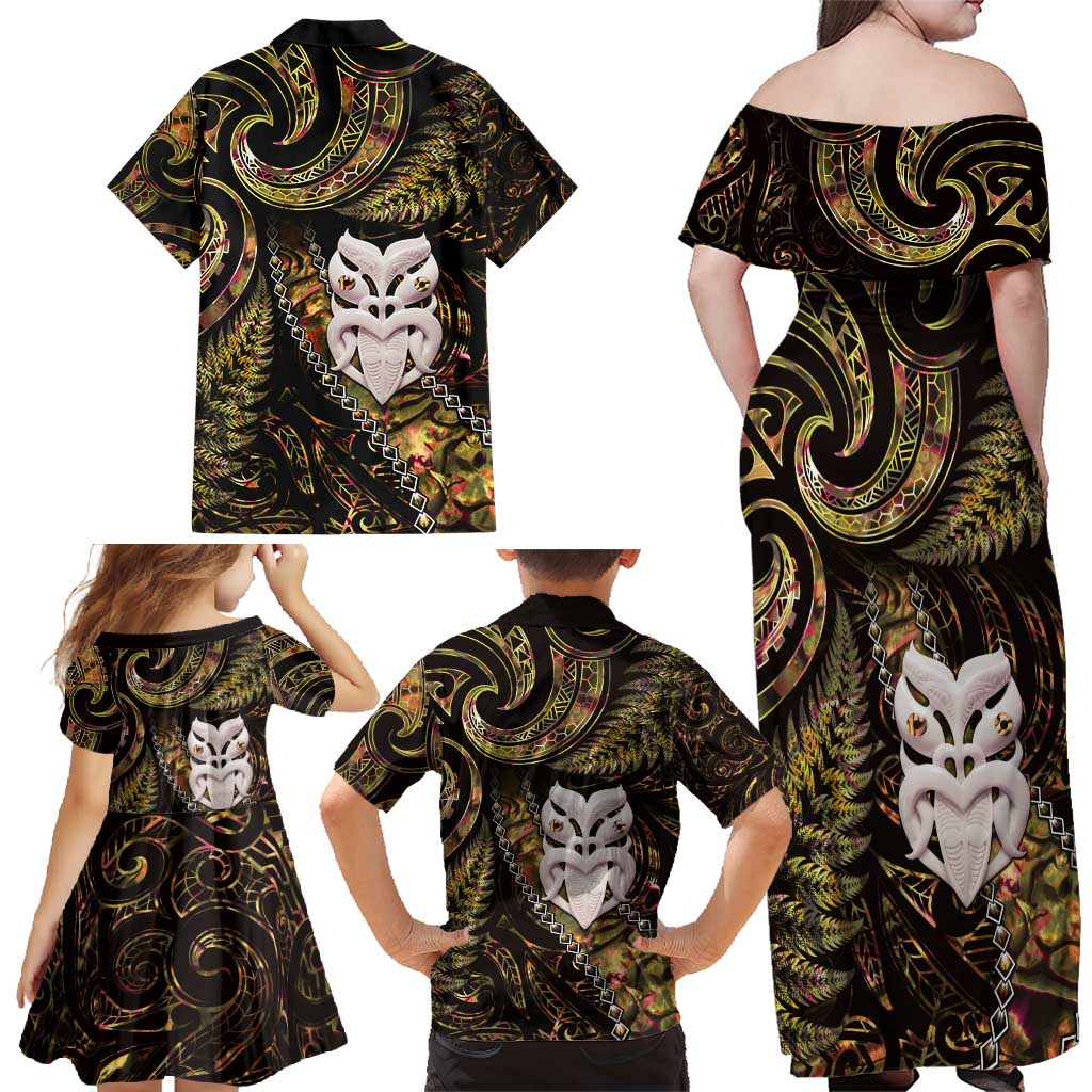 New Zealand Aotearoa Family Matching Off Shoulder Maxi Dress and Hawaiian Shirt Maori Wheku Paua Shell Glitter Gold LT05 - Polynesian Pride
