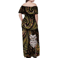 New Zealand Aotearoa Family Matching Off Shoulder Maxi Dress and Hawaiian Shirt Maori Wheku Paua Shell Glitter Gold LT05 - Polynesian Pride