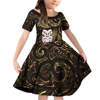 New Zealand Aotearoa Family Matching Off Shoulder Short Dress and Hawaiian Shirt Maori Wheku Paua Shell Glitter Gold LT05 Daughter's Dress Gold - Polynesian Pride
