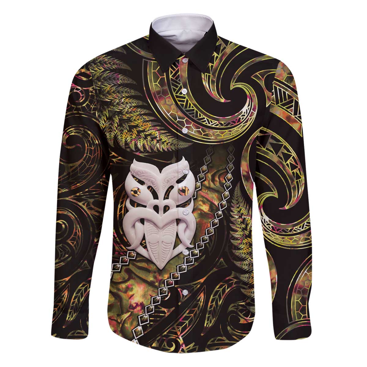 New Zealand Aotearoa Family Matching Puletasi and Hawaiian Shirt Maori Wheku Paua Shell Glitter Gold LT05 Dad's Shirt - Long Sleeve Gold - Polynesian Pride