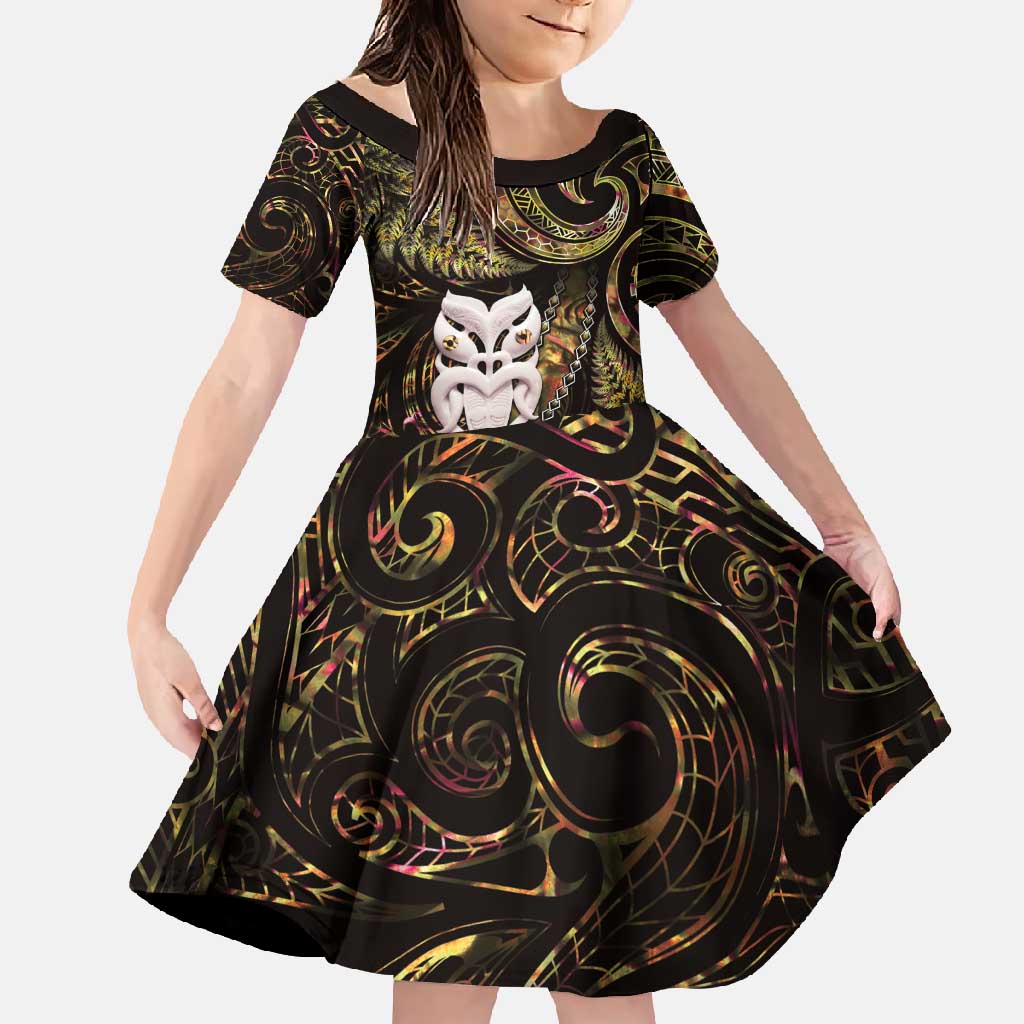 New Zealand Aotearoa Family Matching Summer Maxi Dress and Hawaiian Shirt Maori Wheku Paua Shell Glitter Gold LT05 Daughter's Dress Gold - Polynesian Pride