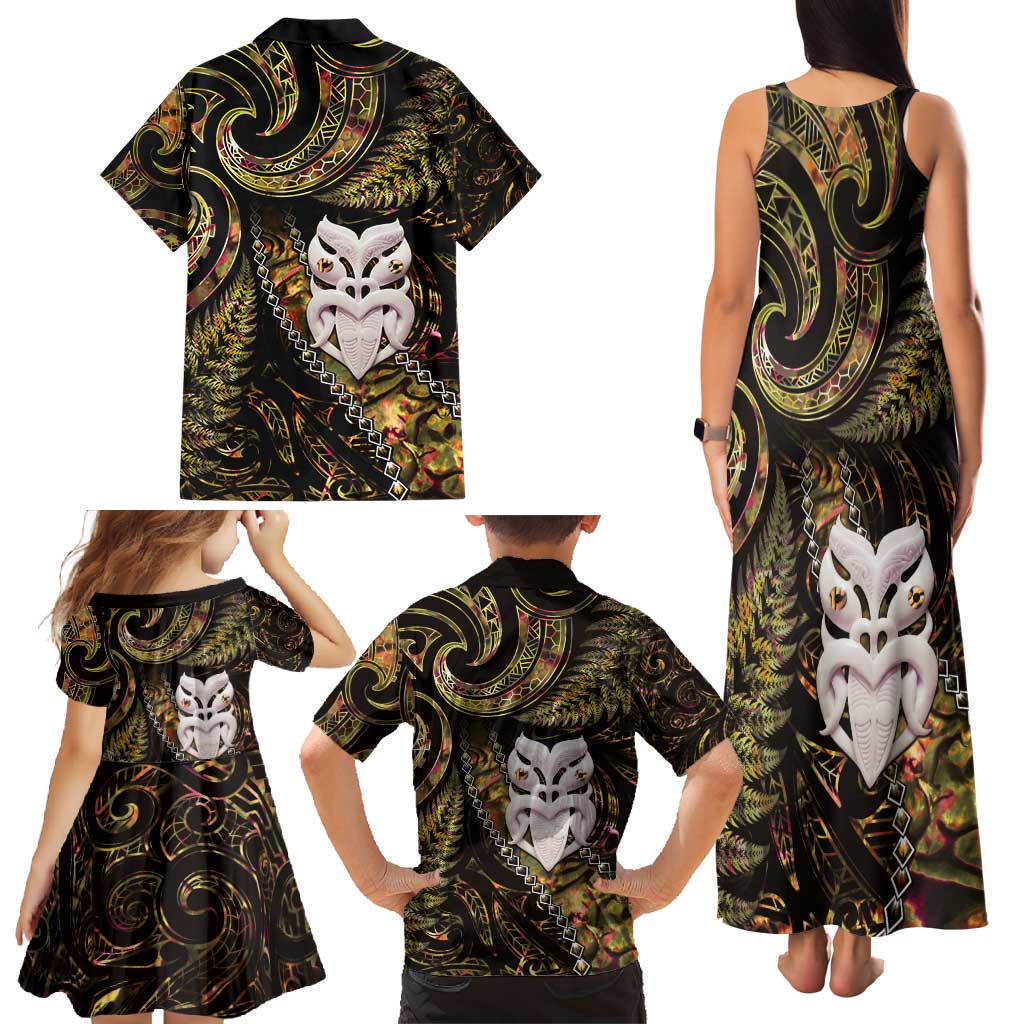 New Zealand Aotearoa Family Matching Tank Maxi Dress and Hawaiian Shirt Maori Wheku Paua Shell Glitter Gold LT05 - Polynesian Pride