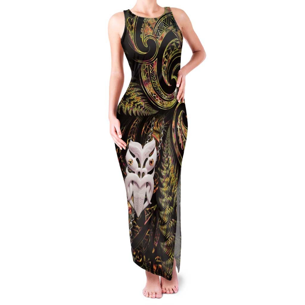 New Zealand Aotearoa Family Matching Tank Maxi Dress and Hawaiian Shirt Maori Wheku Paua Shell Glitter Gold LT05 Mom's Dress Gold - Polynesian Pride