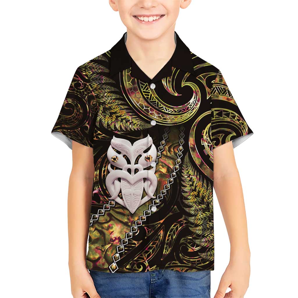 New Zealand Aotearoa Kid Hawaiian Shirt Maori Wheku Paua Shell Glitter Gold LT05 Kid Gold - Polynesian Pride