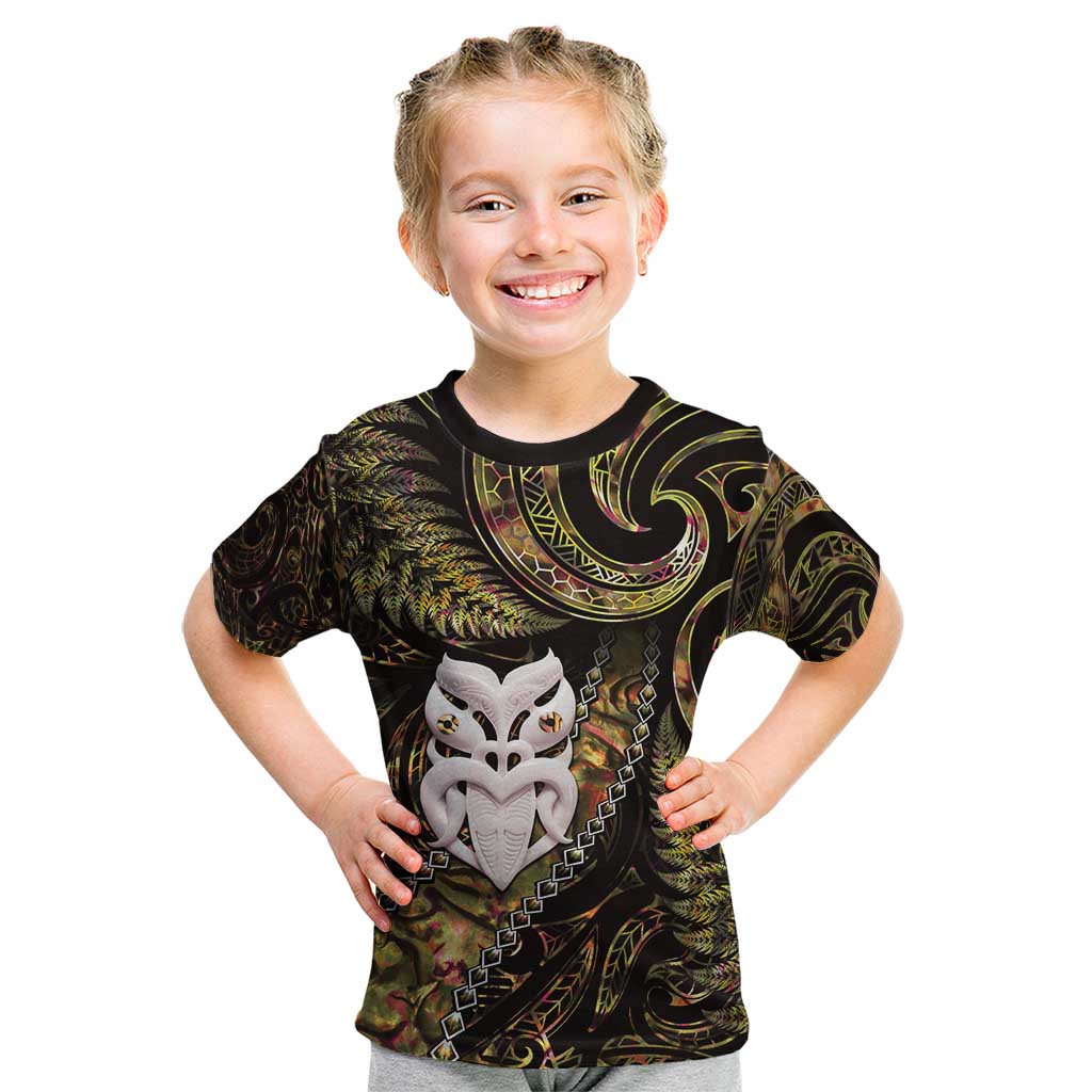 New Zealand Aotearoa Kid T Shirt Maori Wheku Paua Shell Glitter Gold LT05 Gold - Polynesian Pride
