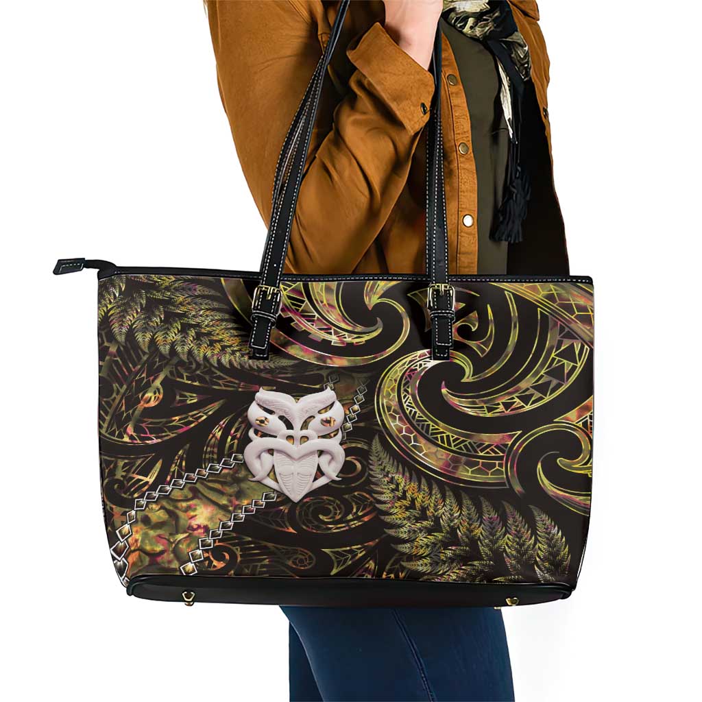 New Zealand Aotearoa Leather Tote Bag Maori Wheku Paua Shell Glitter Gold