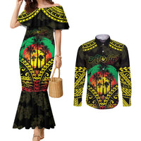 Aloha Tropical Palm Trees Couples Matching Mermaid Dress and Long Sleeve Button Shirt Reggae Polynesian Pattern