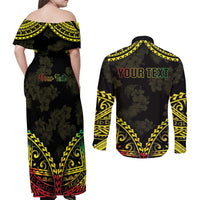 Aloha Tropical Palm Trees Couples Matching Off Shoulder Maxi Dress and Long Sleeve Button Shirt Reggae Polynesian Pattern