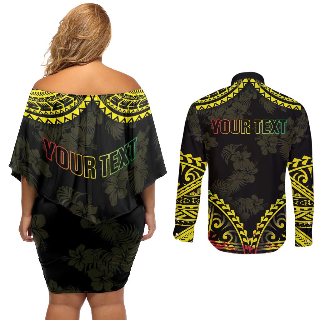 Aloha Tropical Palm Trees Couples Matching Off Shoulder Short Dress and Long Sleeve Button Shirt Reggae Polynesian Pattern