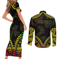 Aloha Tropical Palm Trees Couples Matching Short Sleeve Bodycon Dress and Long Sleeve Button Shirt Reggae Polynesian Pattern