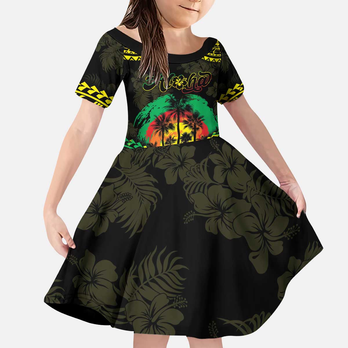 Aloha Tropical Palm Trees Kid Short Sleeve Dress Reggae Polynesian Pattern LT05 KID Black - Polynesian Pride