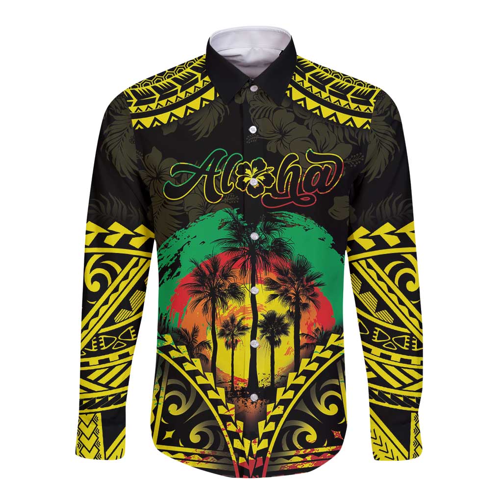 Aloha Tropical Palm Trees Long Sleeve Button Shirt Reggae Polynesian Pattern LT05 Unisex Black - Polynesian Pride