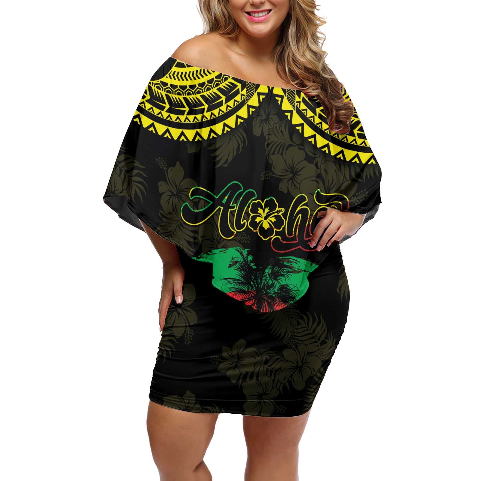 Aloha Tropical Palm Trees Off Shoulder Short Dress Reggae Polynesian Pattern