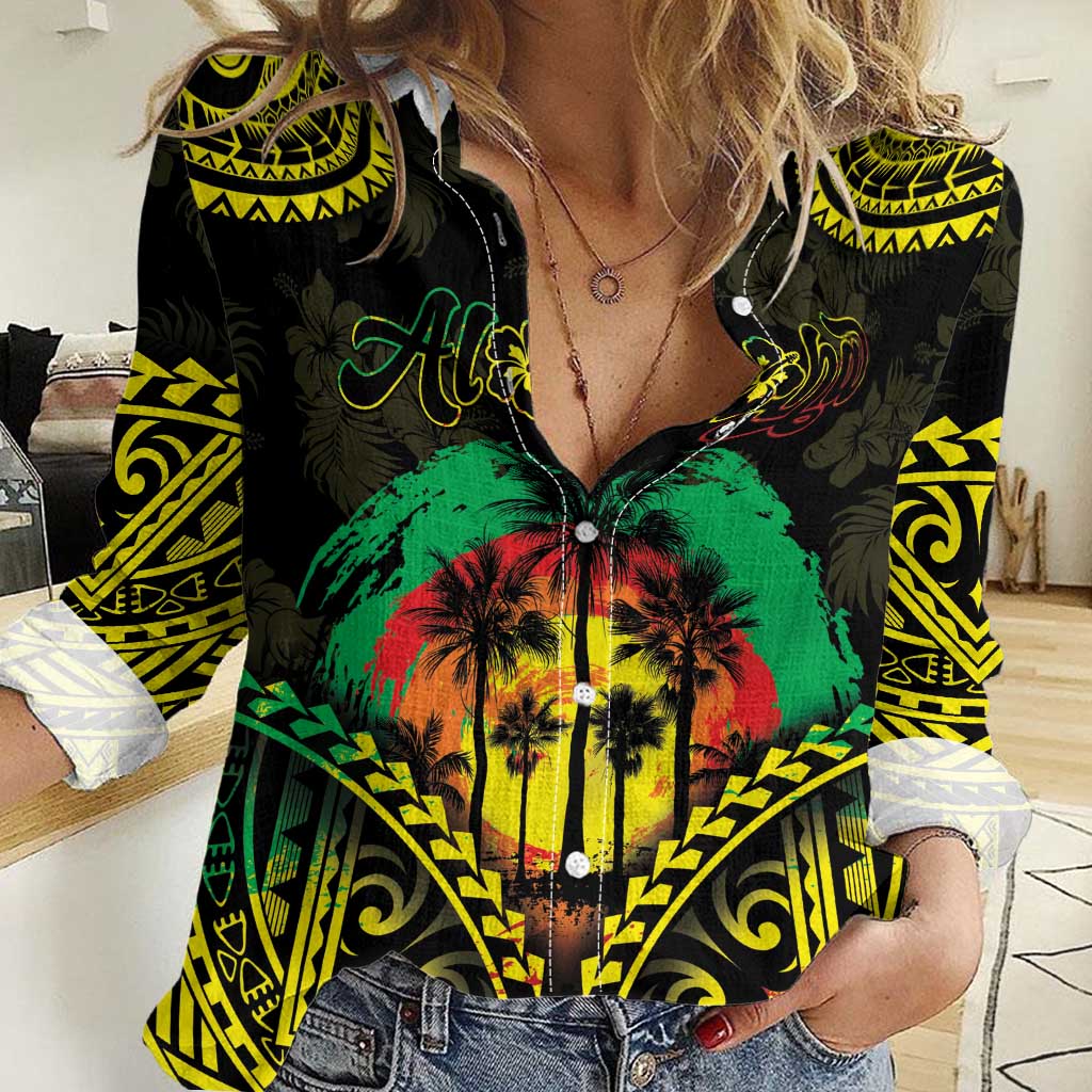 Aloha Tropical Palm Trees Women Casual Shirt Reggae Polynesian Pattern LT05 Female Black - Polynesian Pride