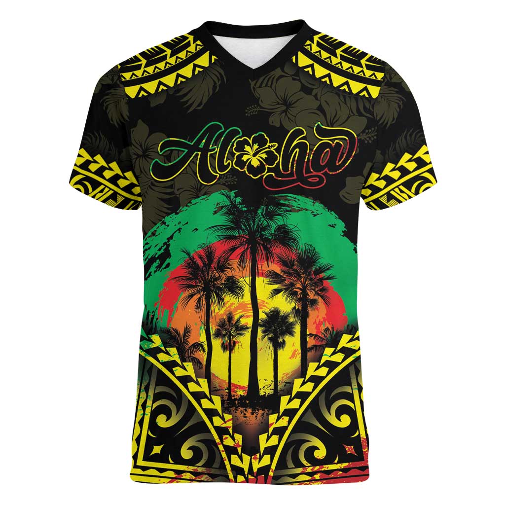 Aloha Tropical Palm Trees Women V-Neck T-Shirt Reggae Polynesian Pattern LT05 Female Black - Polynesian Pride