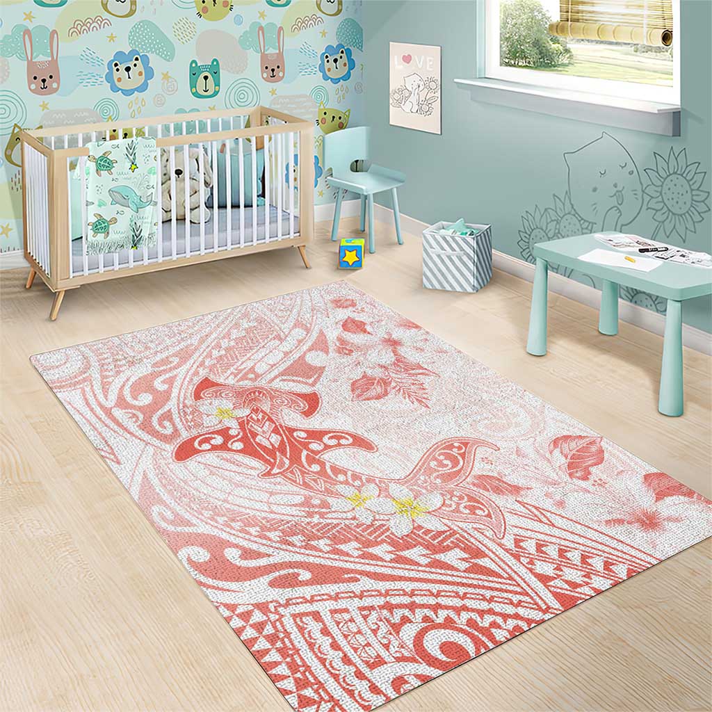 Polynesia Hammerhead Shark Area Rug Tropical Flowers Tribal Pattern Peach