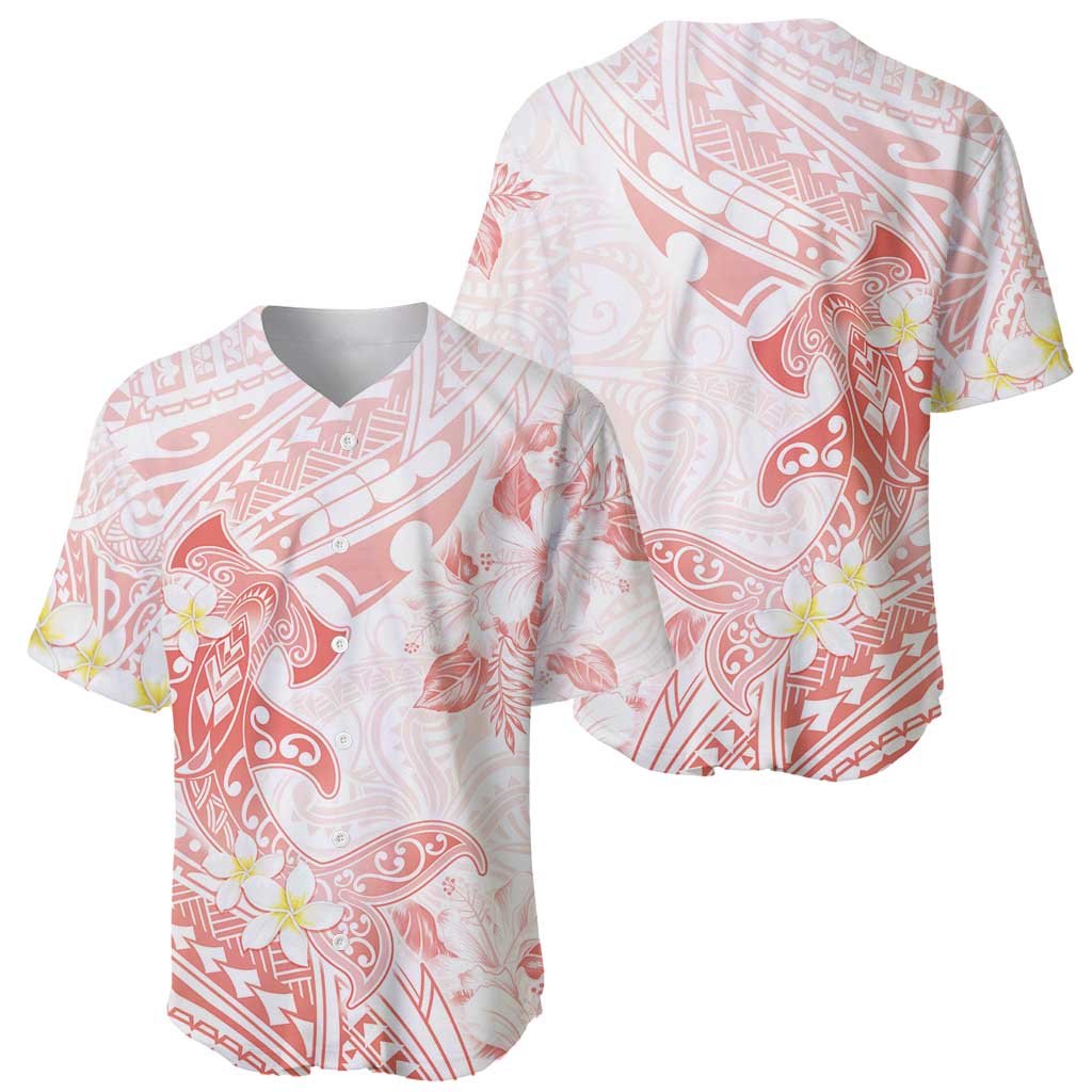 Polynesia Hammerhead Shark Baseball Jersey Tropical Flowers Tribal Pattern Peach LT05 - Polynesian Pride