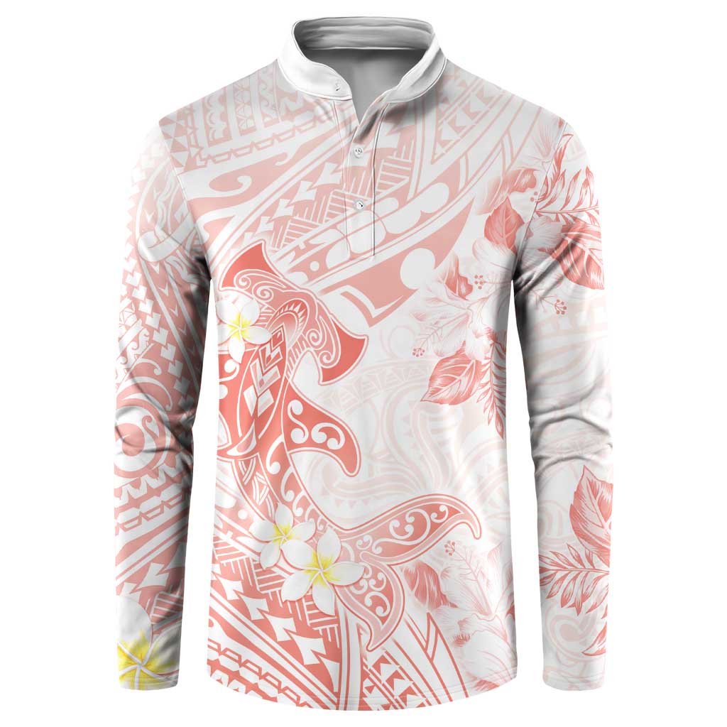 Polynesia Hammerhead Shark Button Sweatshirt Tropical Flowers Tribal Pattern Peach LT05 Peach - Polynesian Pride