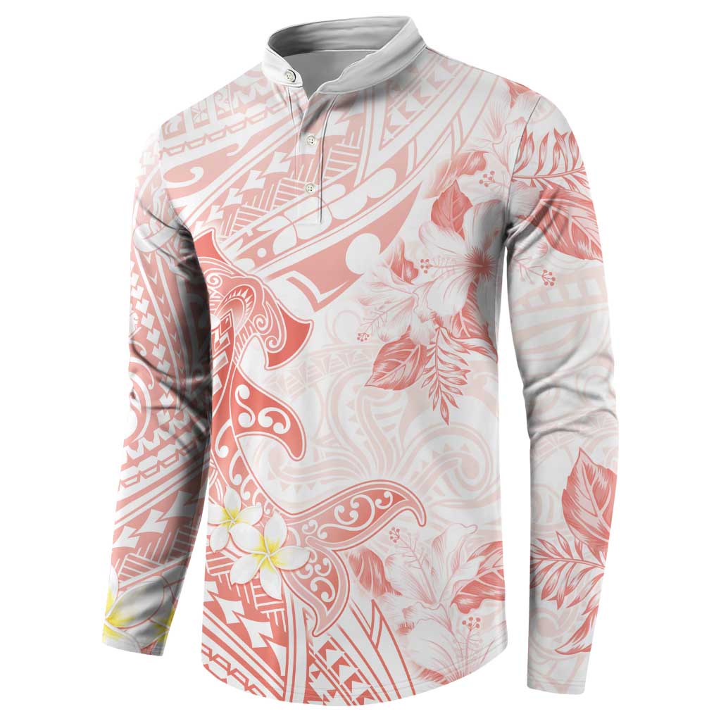 Polynesia Hammerhead Shark Button Sweatshirt Tropical Flowers Tribal Pattern Peach LT05 - Polynesian Pride