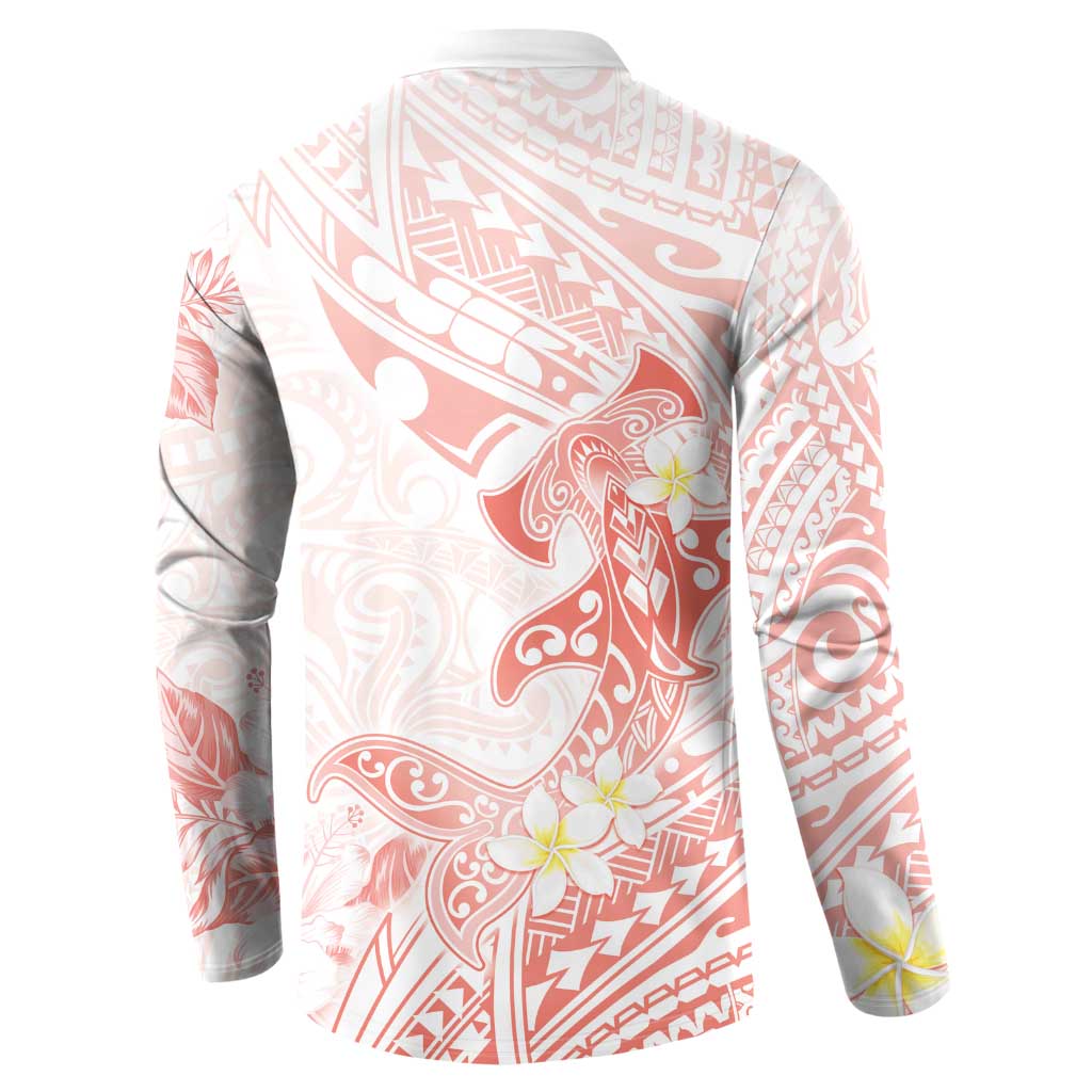 Polynesia Hammerhead Shark Button Sweatshirt Tropical Flowers Tribal Pattern Peach LT05 - Polynesian Pride