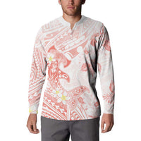 Polynesia Hammerhead Shark Button Sweatshirt Tropical Flowers Tribal Pattern Peach LT05 - Polynesian Pride
