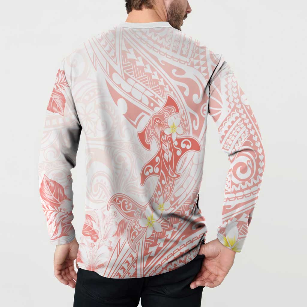 Polynesia Hammerhead Shark Button Sweatshirt Tropical Flowers Tribal Pattern Peach LT05 - Polynesian Pride