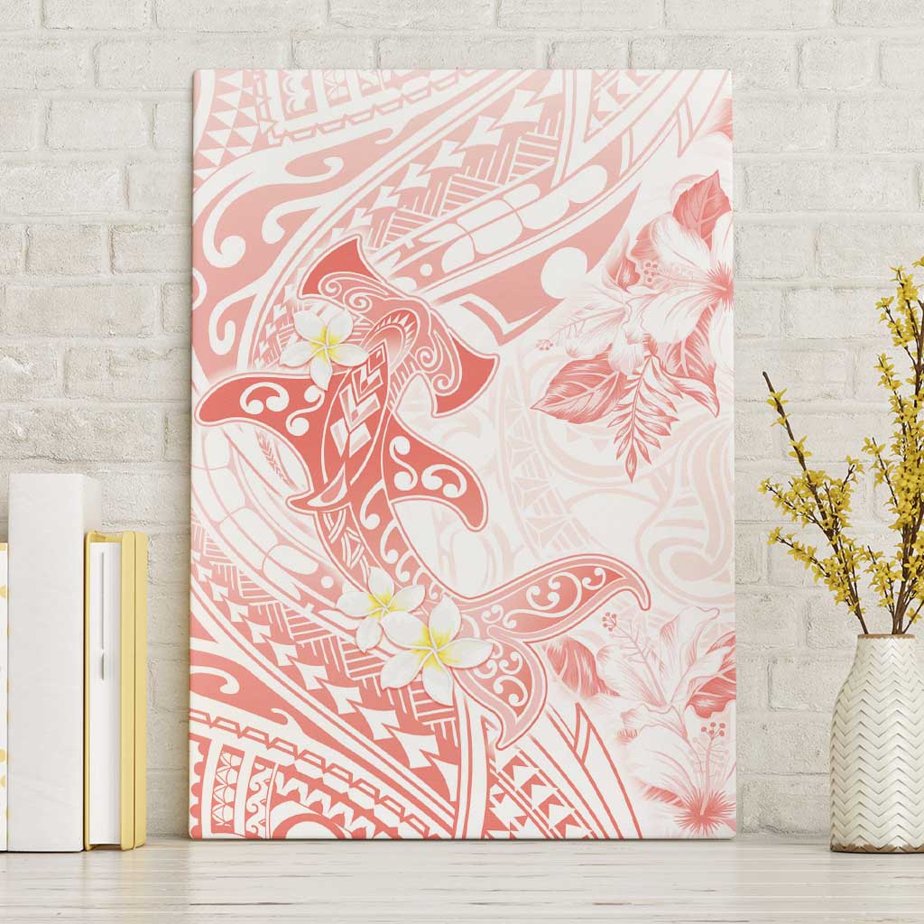 Polynesia Hammerhead Shark Canvas Wall Art Tropical Flowers Tribal Pattern Peach