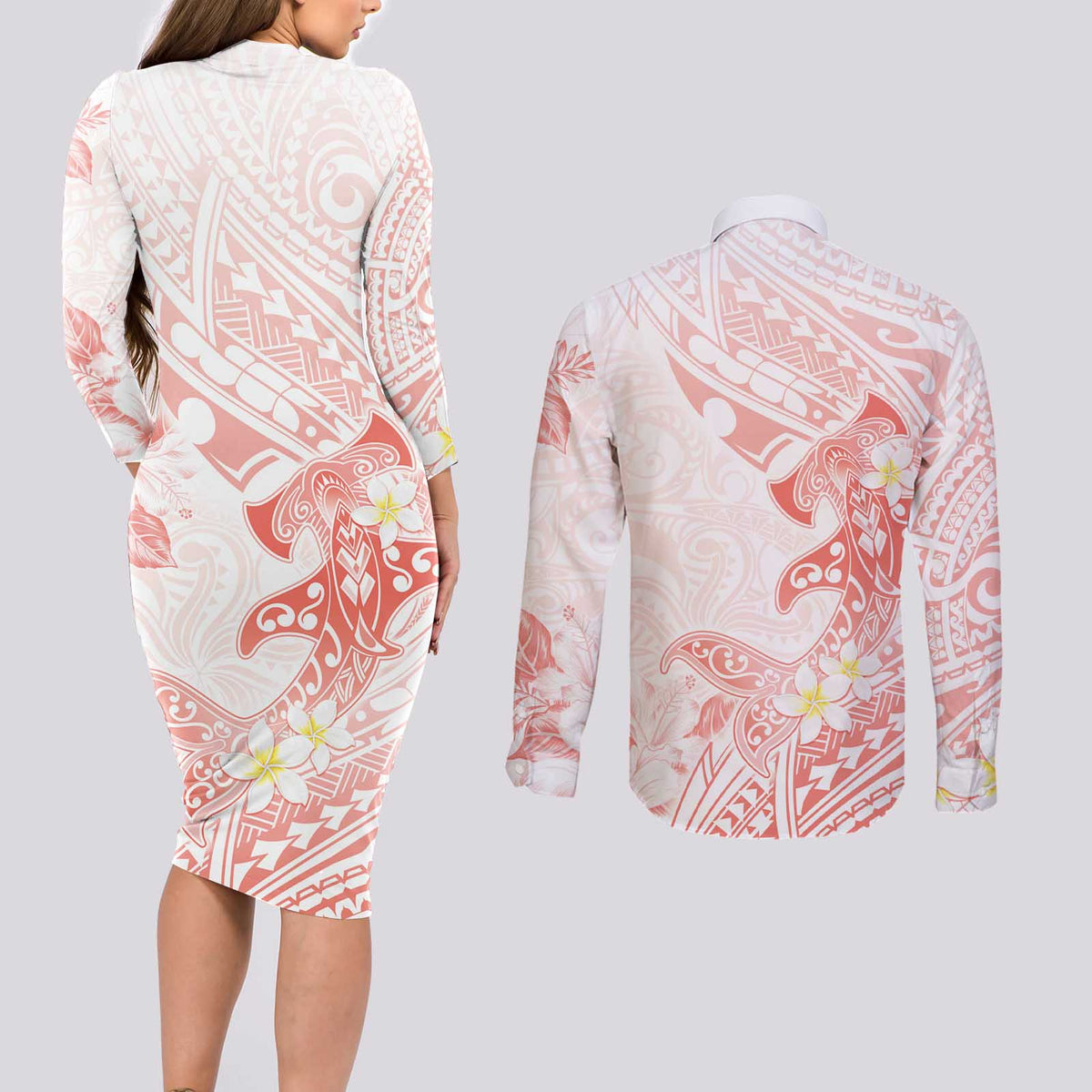Polynesia Hammerhead Shark Couples Matching Long Sleeve Bodycon Dress and Long Sleeve Button Shirt Tropical Flowers Tribal Pattern Peach