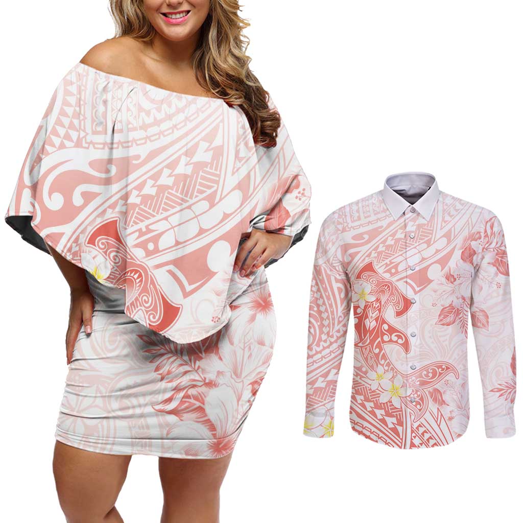 Polynesia Hammerhead Shark Couples Matching Off Shoulder Short Dress and Long Sleeve Button Shirt Tropical Flowers Tribal Pattern Peach
