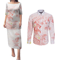 Polynesia Hammerhead Shark Couples Matching Puletasi and Long Sleeve Button Shirt Tropical Flowers Tribal Pattern Peach