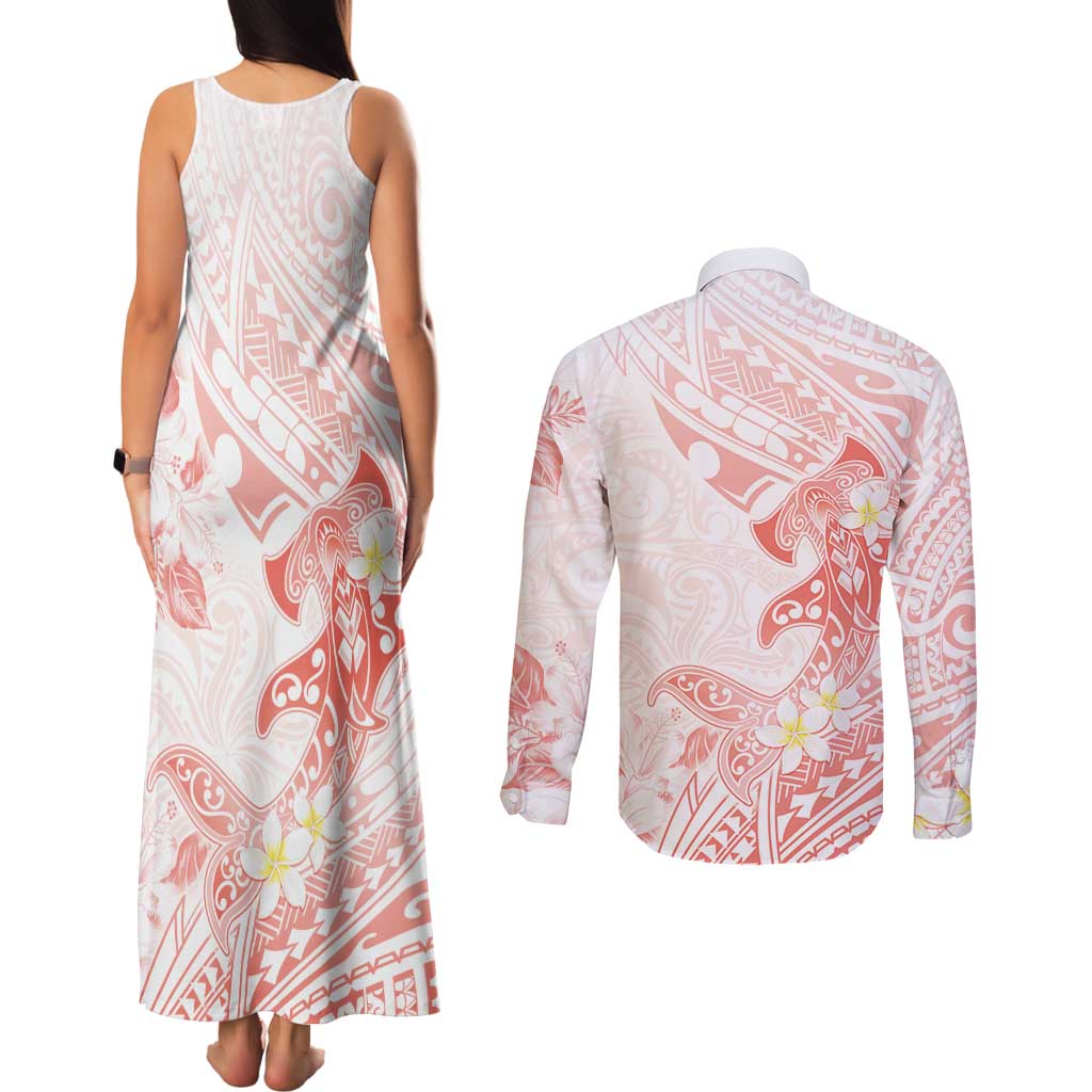Polynesia Hammerhead Shark Couples Matching Tank Maxi Dress and Long Sleeve Button Shirt Tropical Flowers Tribal Pattern Peach