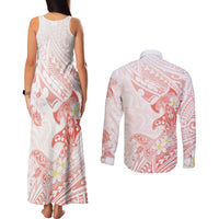 Polynesia Hammerhead Shark Couples Matching Tank Maxi Dress and Long Sleeve Button Shirt Tropical Flowers Tribal Pattern Peach