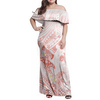 Polynesia Hammerhead Shark Family Matching Off Shoulder Maxi Dress and Hawaiian Shirt Tropical Flowers Tribal Pattern Peach
