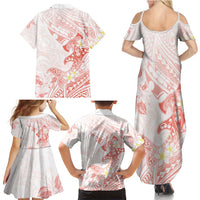 Polynesia Hammerhead Shark Family Matching Summer Maxi Dress and Hawaiian Shirt Tropical Flowers Tribal Pattern Peach