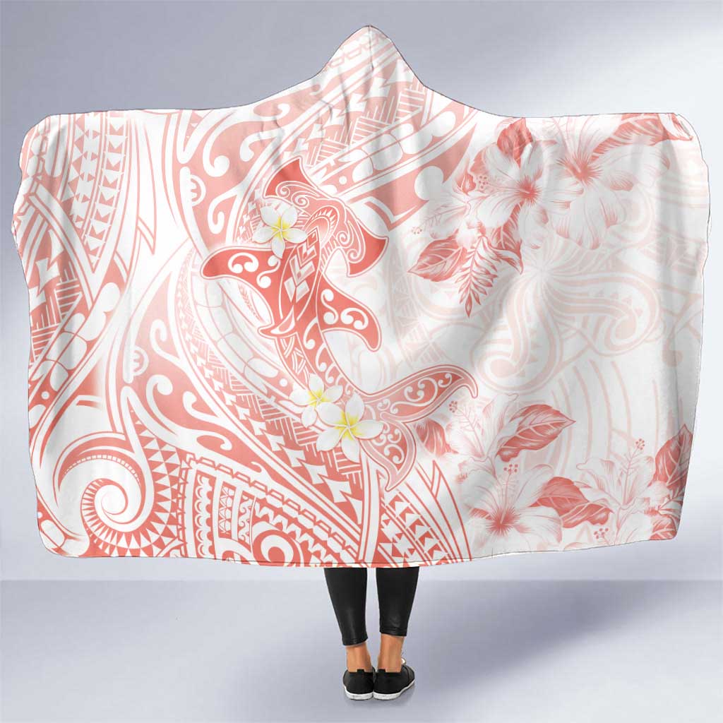 Polynesia Hammerhead Shark Hooded Blanket Tropical Flowers Tribal Pattern Peach