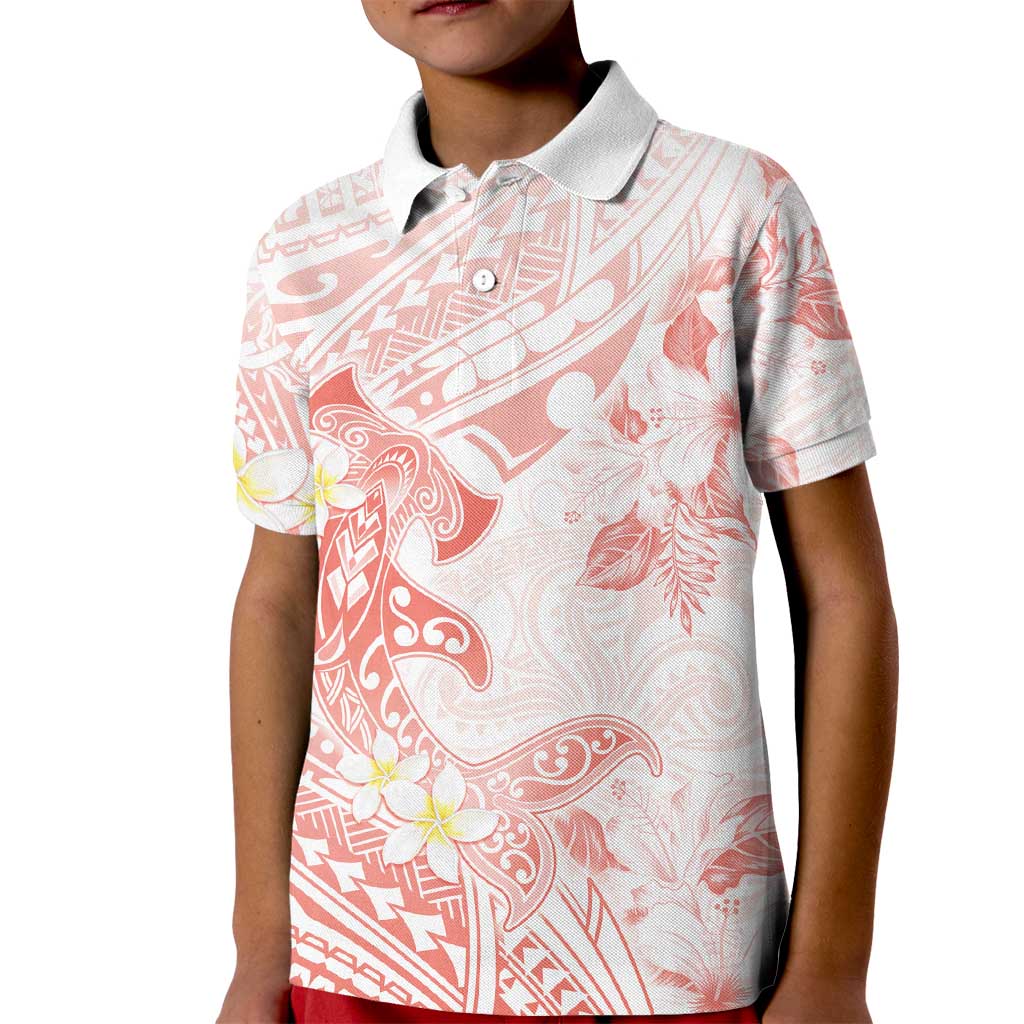 Polynesia Hammerhead Shark Kid Polo Shirt Tropical Flowers Tribal Pattern Peach LT05 Kid Peach - Polynesian Pride